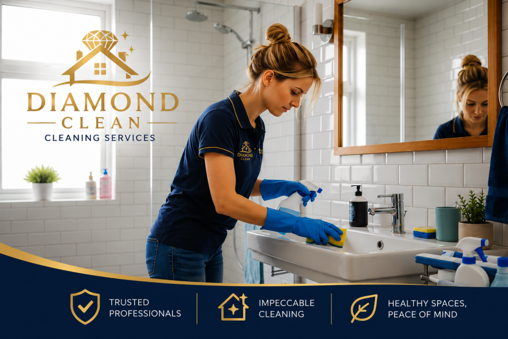 Professional Diamond Clean house cleaner sanitizing a modern bathroom sink with disinfectant spray and sponge during a residential bathroom cleaning service.