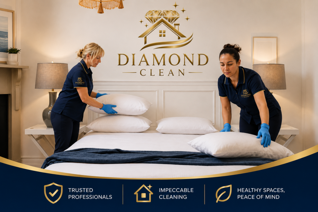 Two professional Diamond Clean housekeepers making a bed with fresh pillows and linens inside a modern bedroom during a residential housekeeping service.