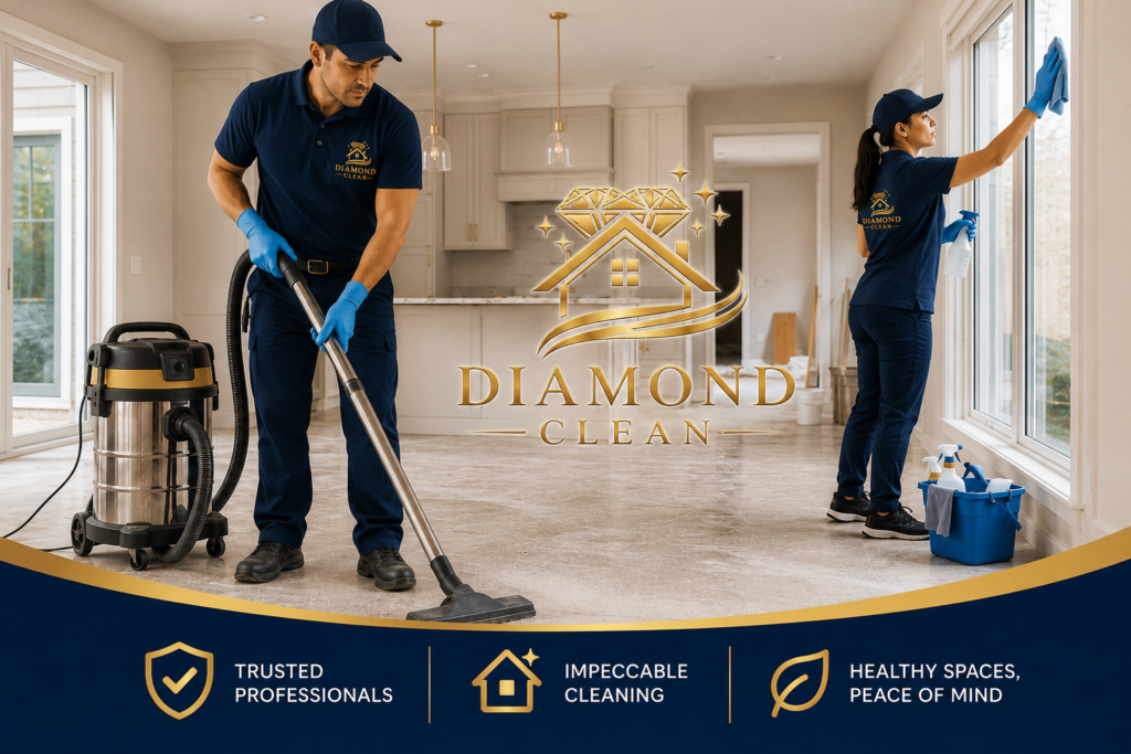 Professional Diamond Clean team performing post-construction cleaning by vacuuming construction dust and cleaning windows inside a newly renovated modern home.