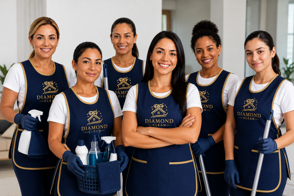 Professional Diamond Clean house cleaning team wearing navy blue uniforms inside a modern home, holding cleaning supplies and smiling before providing residential cleaning services.