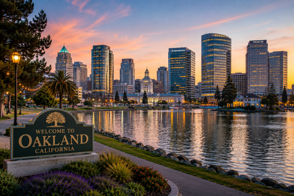 Panoramic view of Oakland, California, showcasing the city's skyline and representing Diamond Clean's professional house cleaning services.