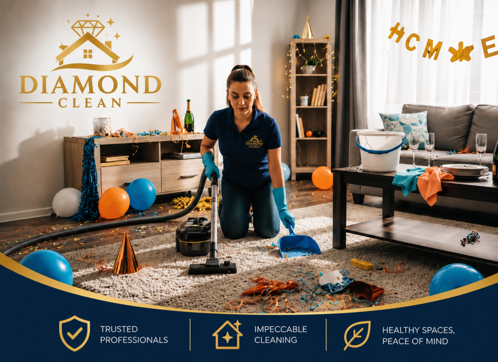 Professional cleaner providing post-party house cleaning service in a modern living room with the Diamond Clean logo.